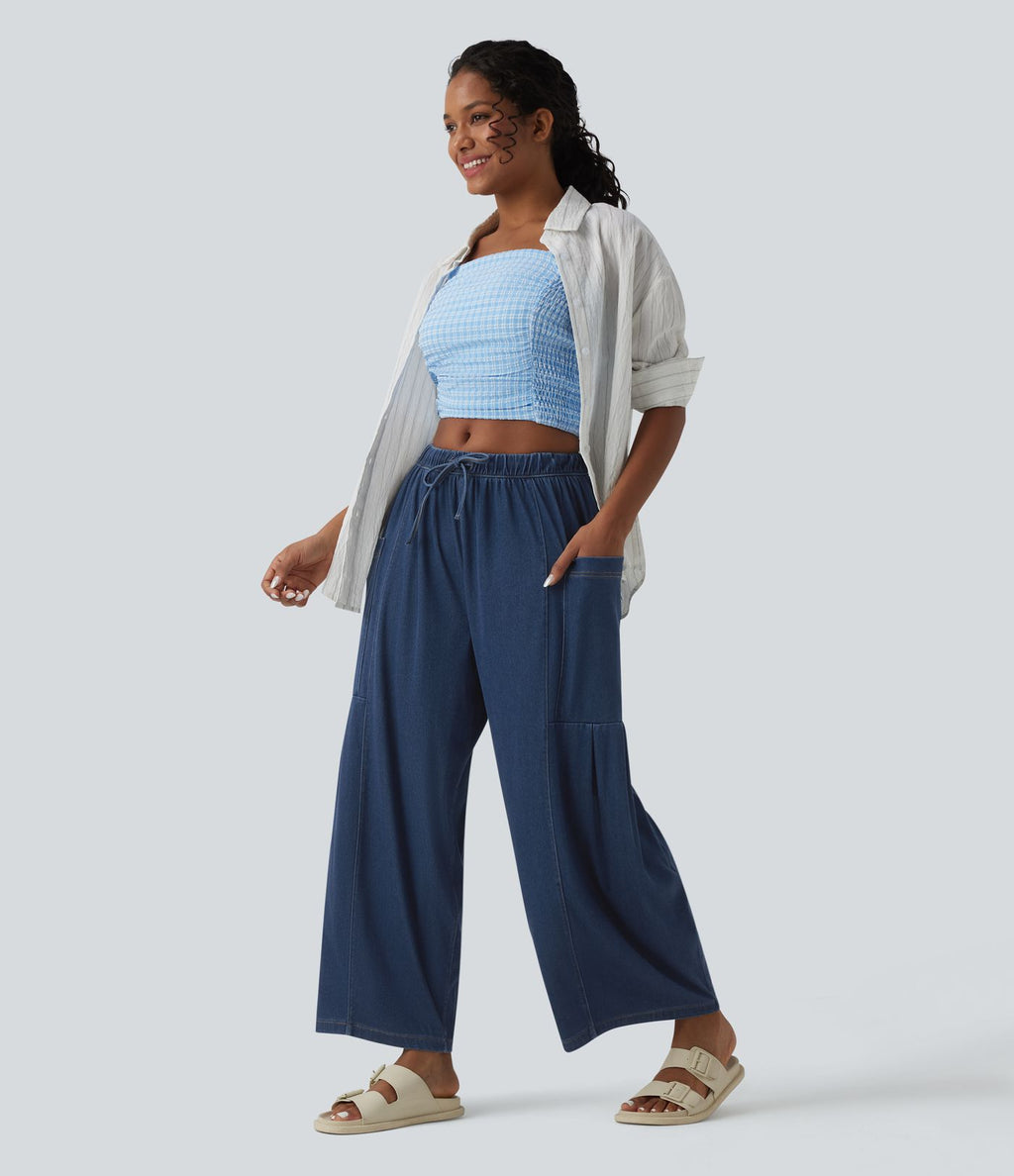 Halara Flex™ Jean large 7/8 casual taille mi-haute en lyocell drapé, avec cordon de serrage et poches