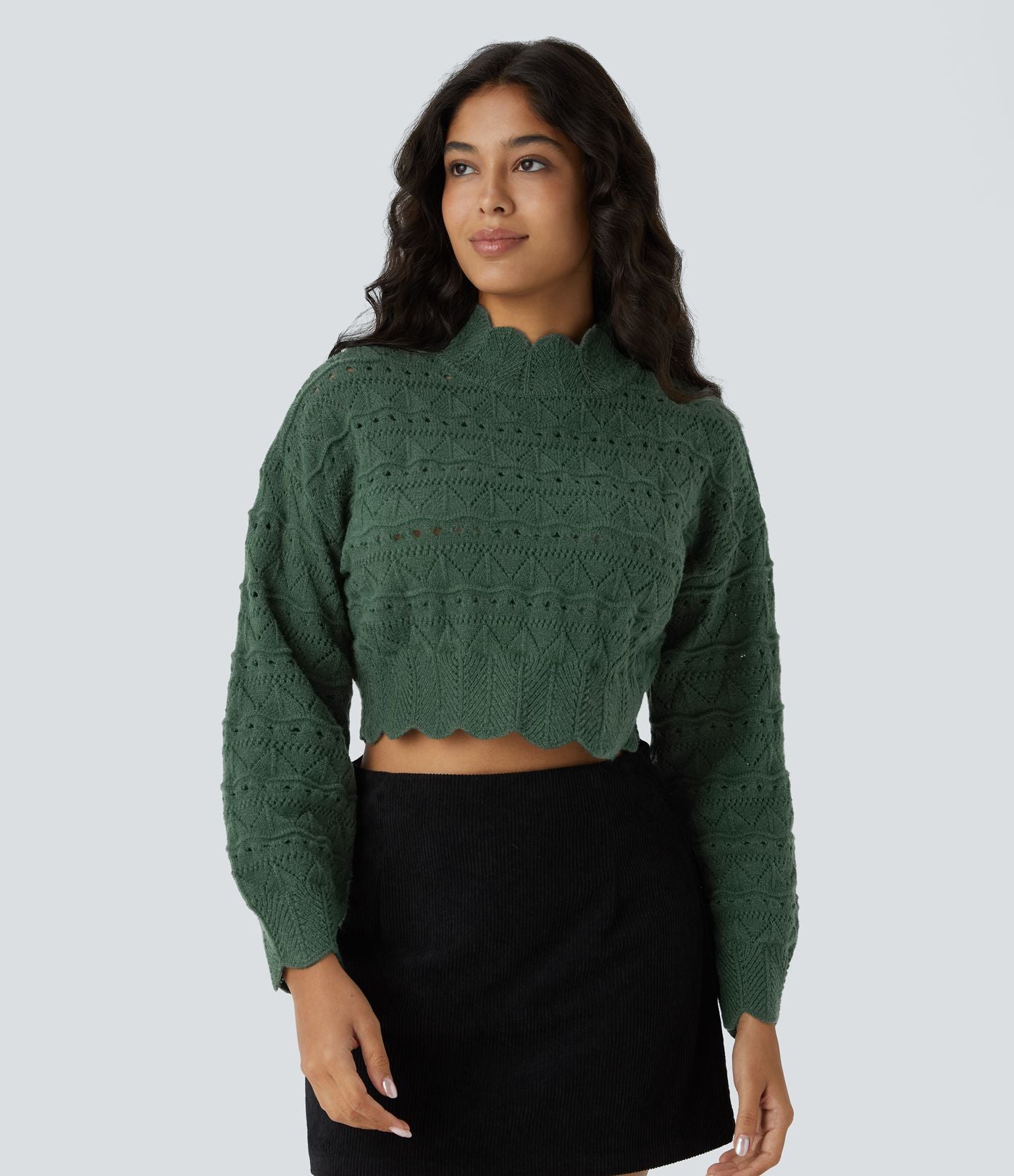 Pull décontracté à col montant, manches évêque, ourlet festonné et maille ajourée