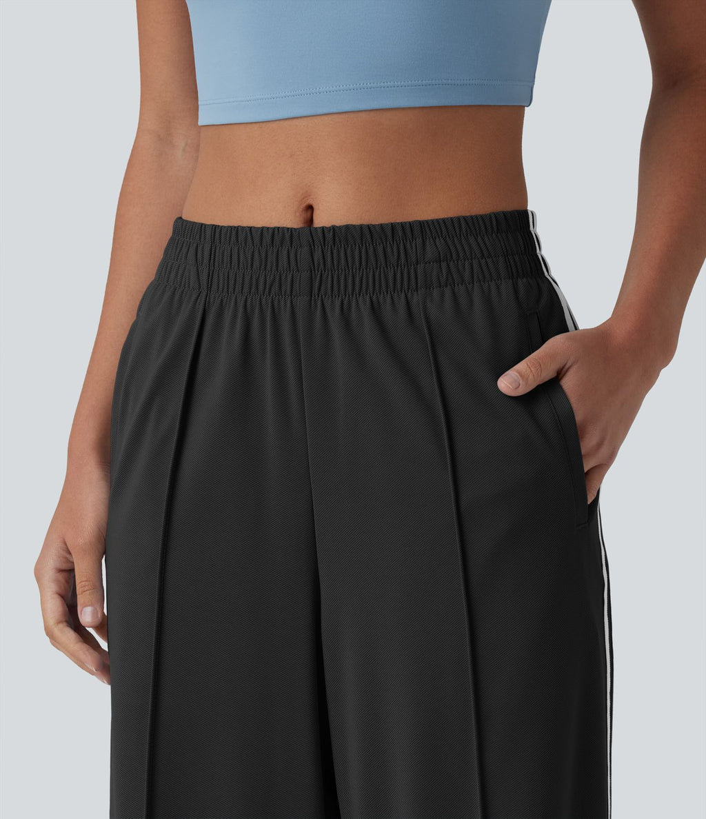 Pantalon décontracté mi-taille coupe droite à séchage rapide à rayures color block avec poches - UPF40+