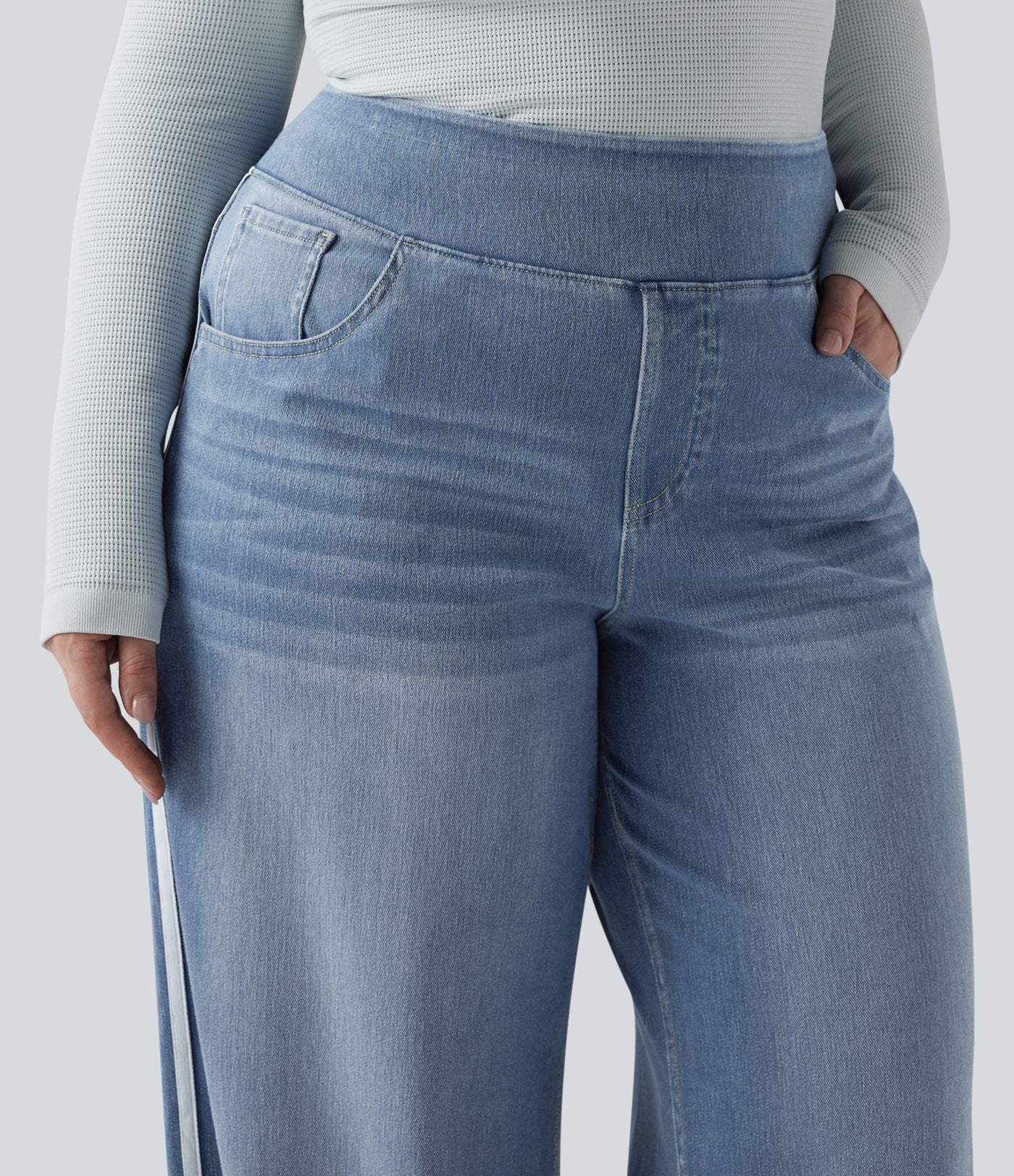 Halara Flex™ Jean large fluide taille haute à rayures délavé décontracté grande taille avec poches