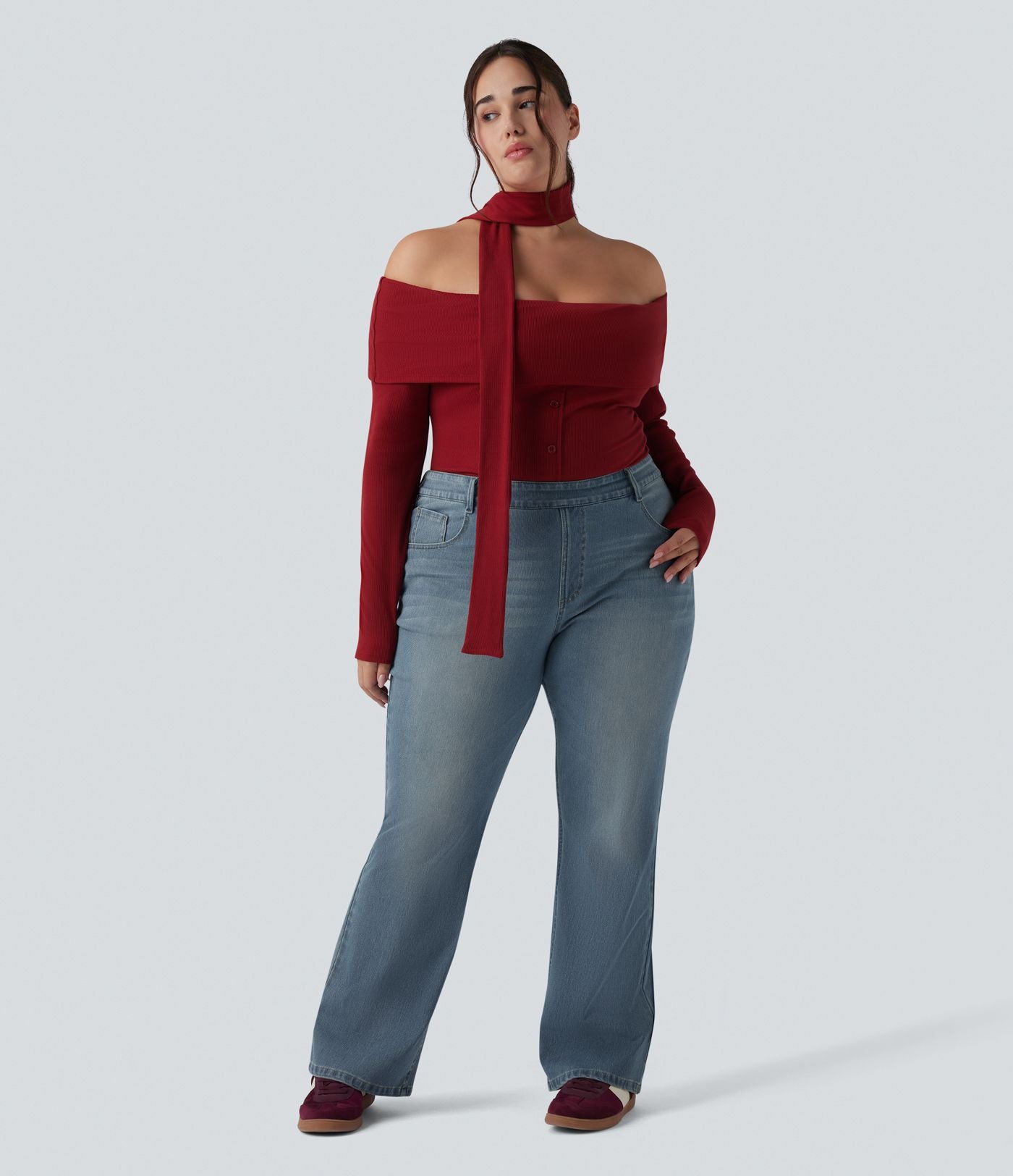 Jean décontracté grande taille évasé taille haute Halara Flex™ effet délavé avec multiples poches