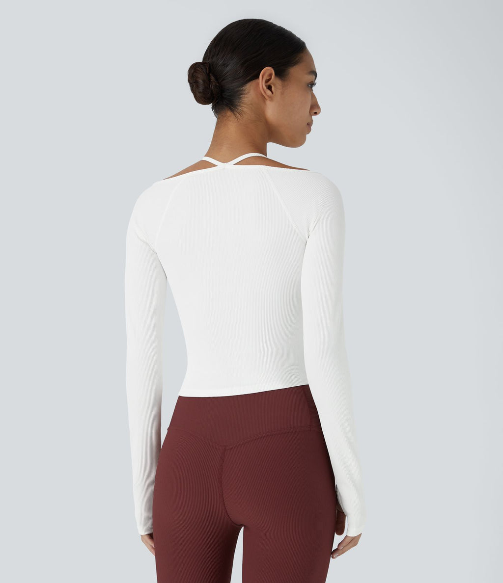 Top Sport Yoga Court à Bretelle Halter avec Trou pour le Pouce en Maille Côtelée