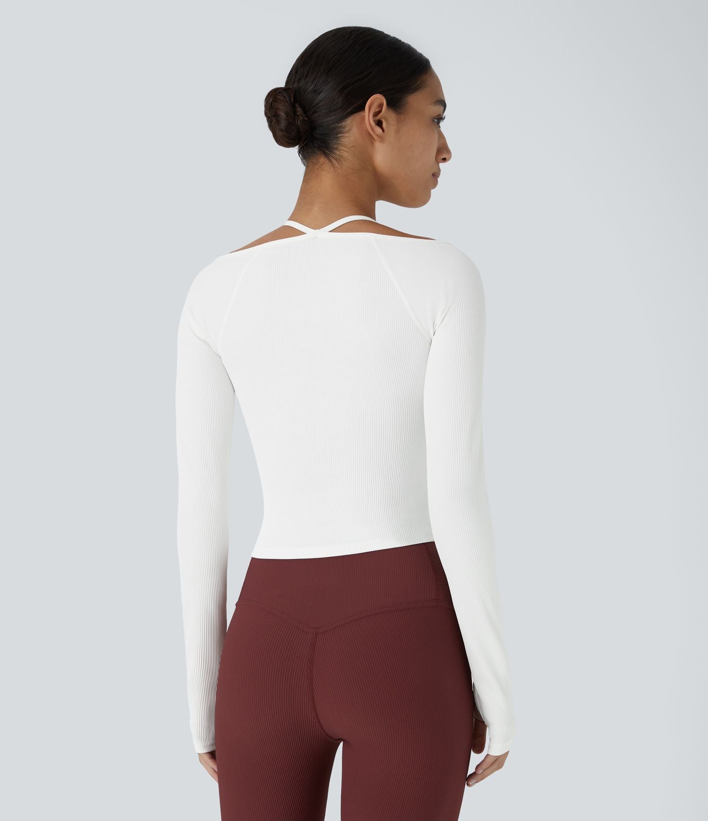 Top Sport Yoga Court à Bretelle Halter avec Trou pour le Pouce en Maille Côtelée
