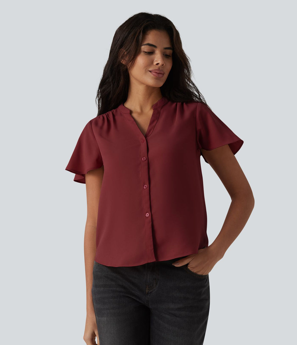 Blouse casual col V à manches volantées et ourlet arrondi