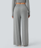 Pantalon détente taille haute coupe droite finitions plissées pointelle avec cordon de serrage