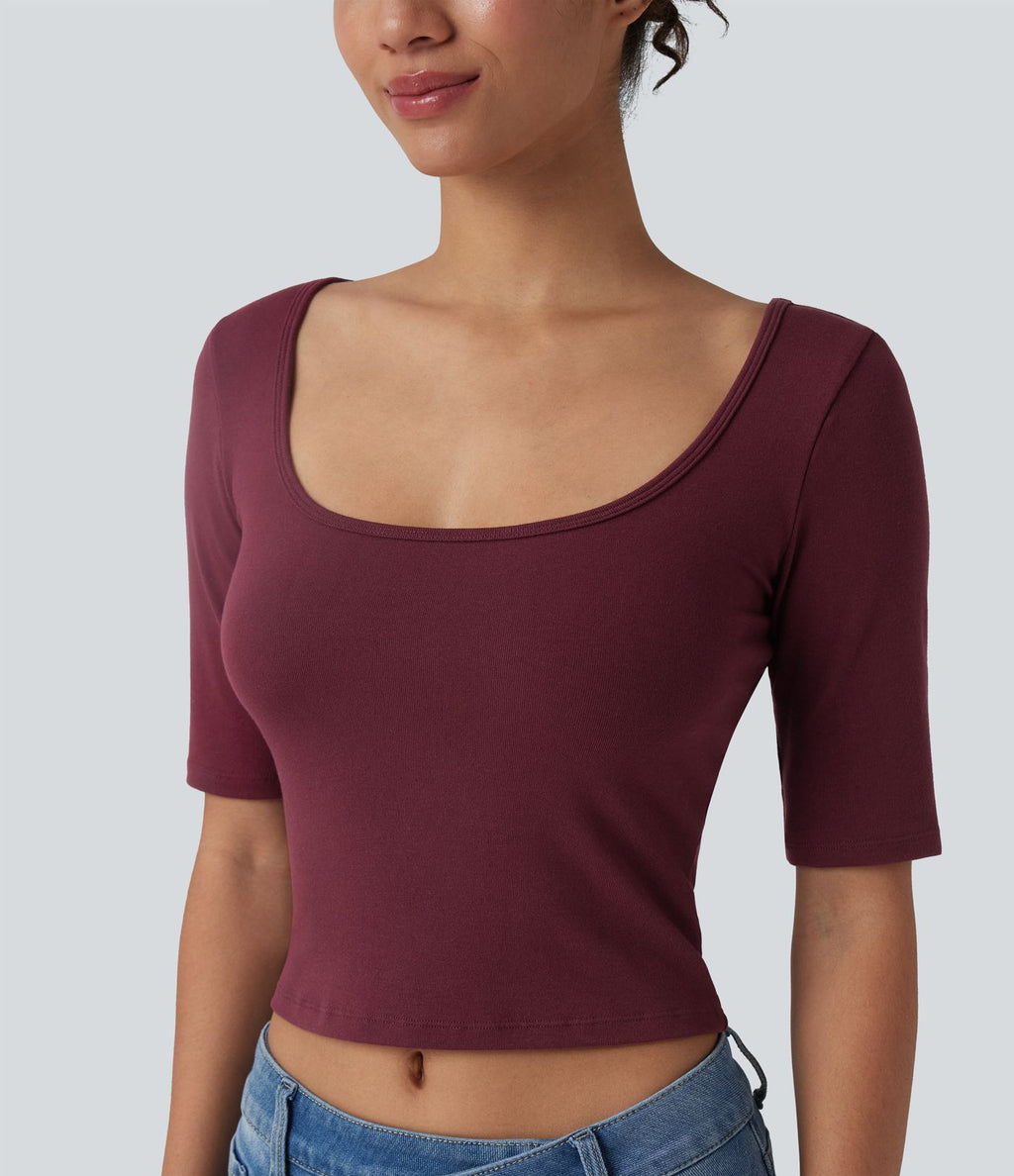 T-shirt décontracté côtelé col rond échancré manches courtes