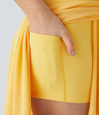 Jupe Casual Évasée Mesh Mi-Longue Fuide 2 en 1 Contrastée Taille Haute Cordon Poche Latérale