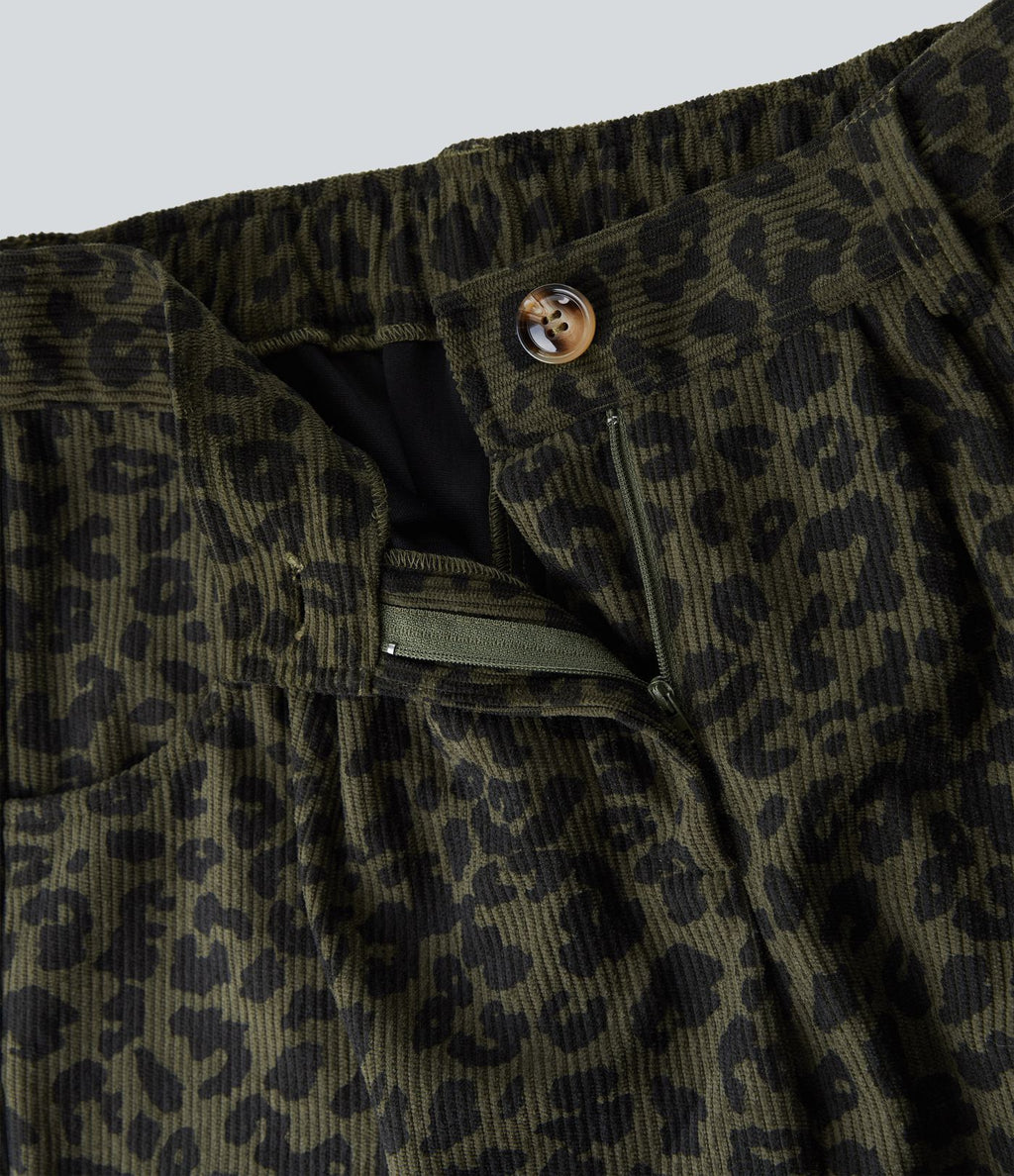 Pantalon velours côtelé imprimé léopard coupe droite taille mi-haute avec poches