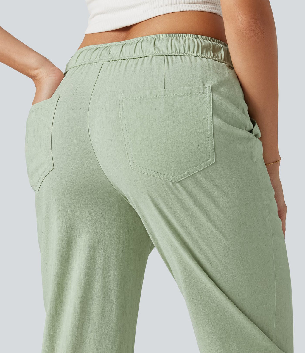 Pantalon ajusté décontracté taille mi-haute avec cordon de serrage, aspect lin extensible et poches