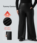 Pantalon flare grande taille en simili stretch doublé polaire, taille haute effet ventre plat avec poches