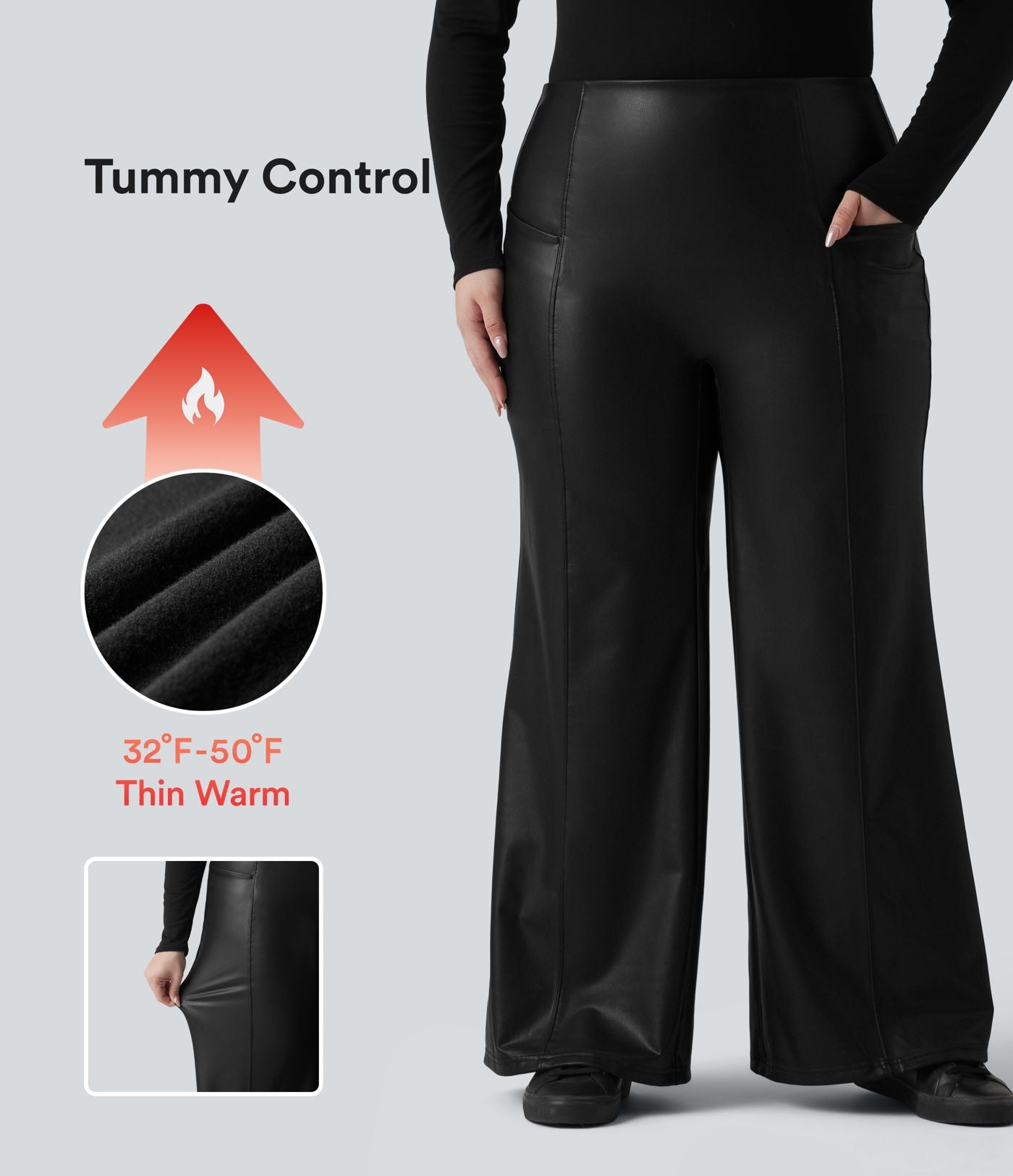 Pantalon flare grande taille en simili stretch doublé polaire, taille haute effet ventre plat avec poches