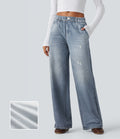 Jogging jean décontracté en molleton French Terry imprimé denim taille mi-haute avec poches