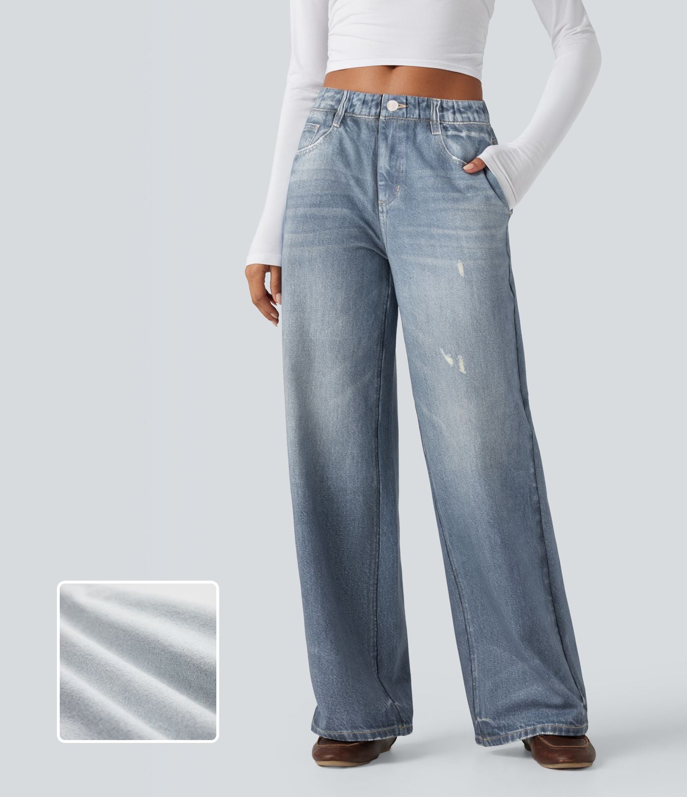 Jogging jean décontracté en molleton French Terry imprimé denim taille mi-haute avec poches