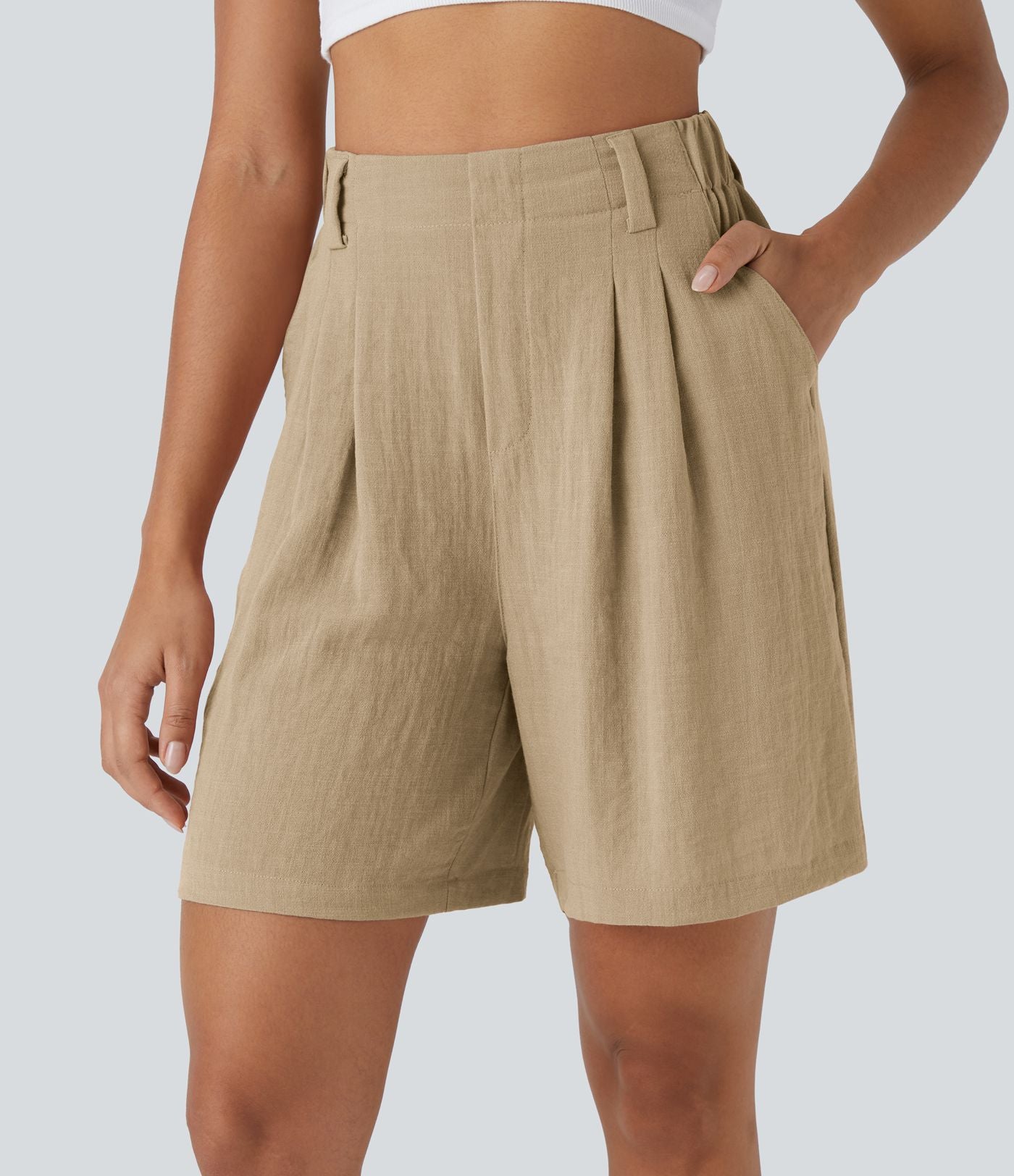 Bermuda Large Fluide Taille Haute avec Plis et Poches Latérales en Lin Synthétique