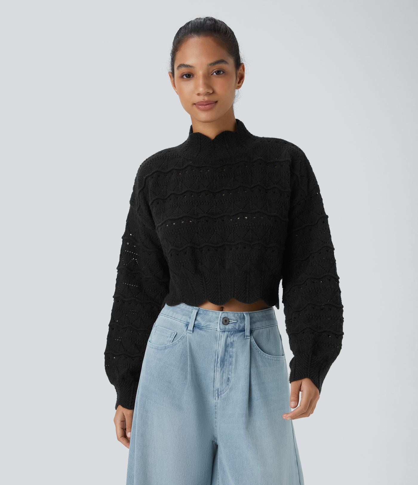 Pull décontracté à col montant, manches évêque, ourlet festonné et maille ajourée