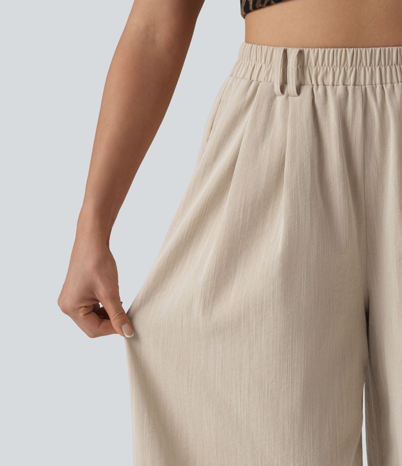 Pantalon large court casual taille haute avec ceinture aspect lin et poches