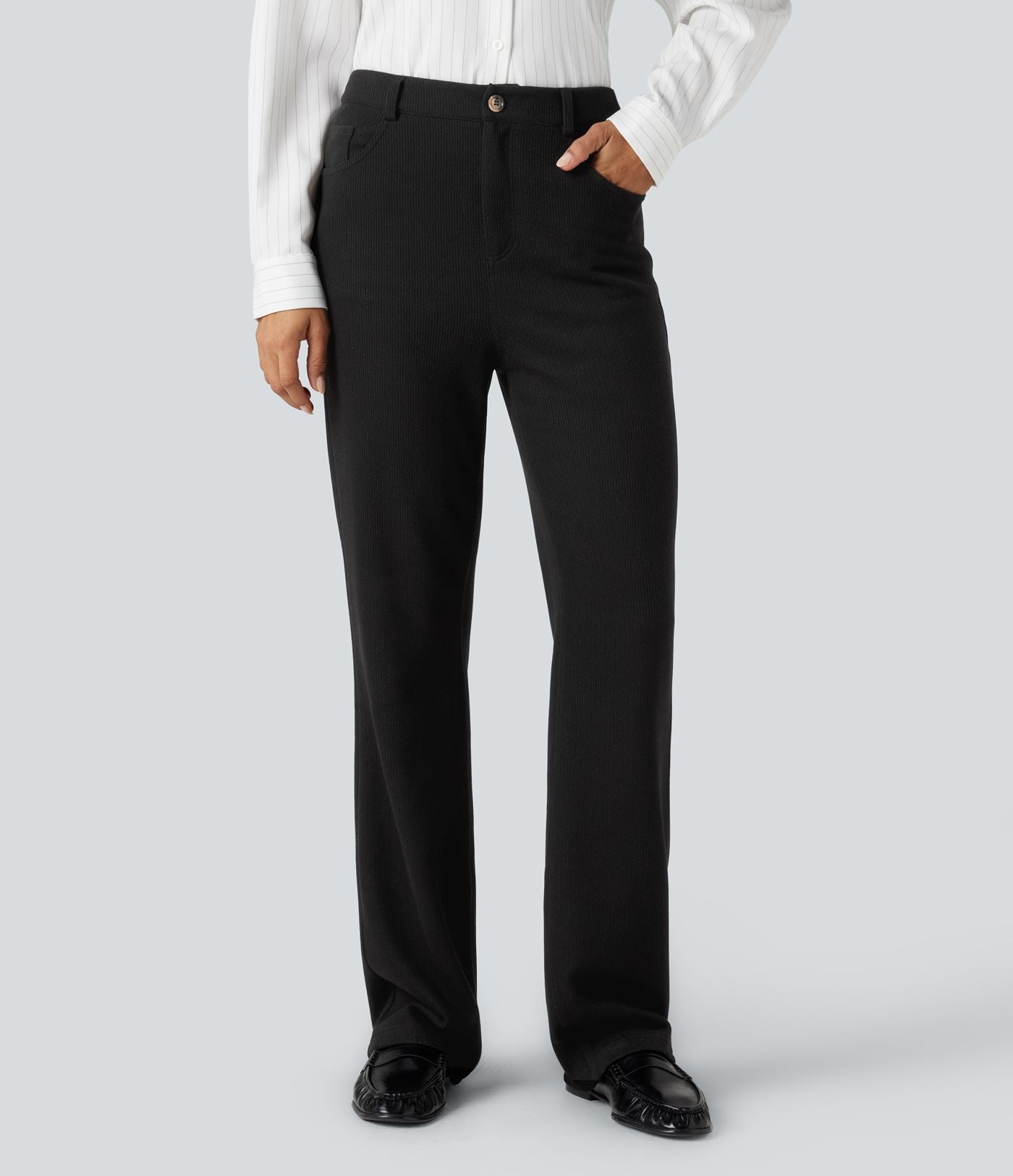 Pantalon bootcut côtelé taille haute avec poches