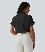 Chemise col V manches courtes aspect lin pour le bureau