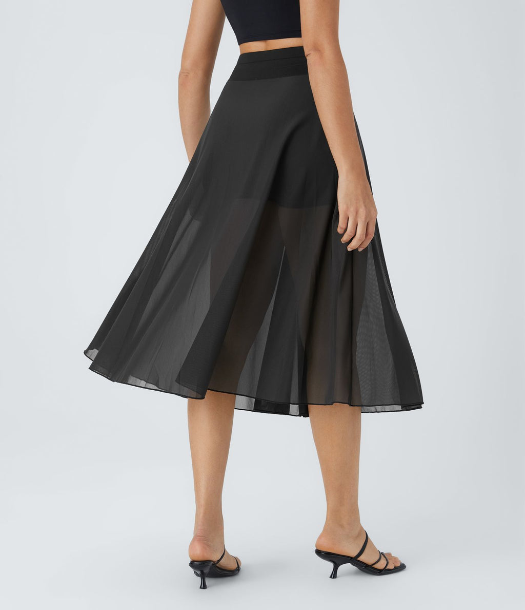 Jupe Casual Évasée Mesh Mi-Longue Fuide 2 en 1 Contrastée Taille Haute Cordon Poche Latérale