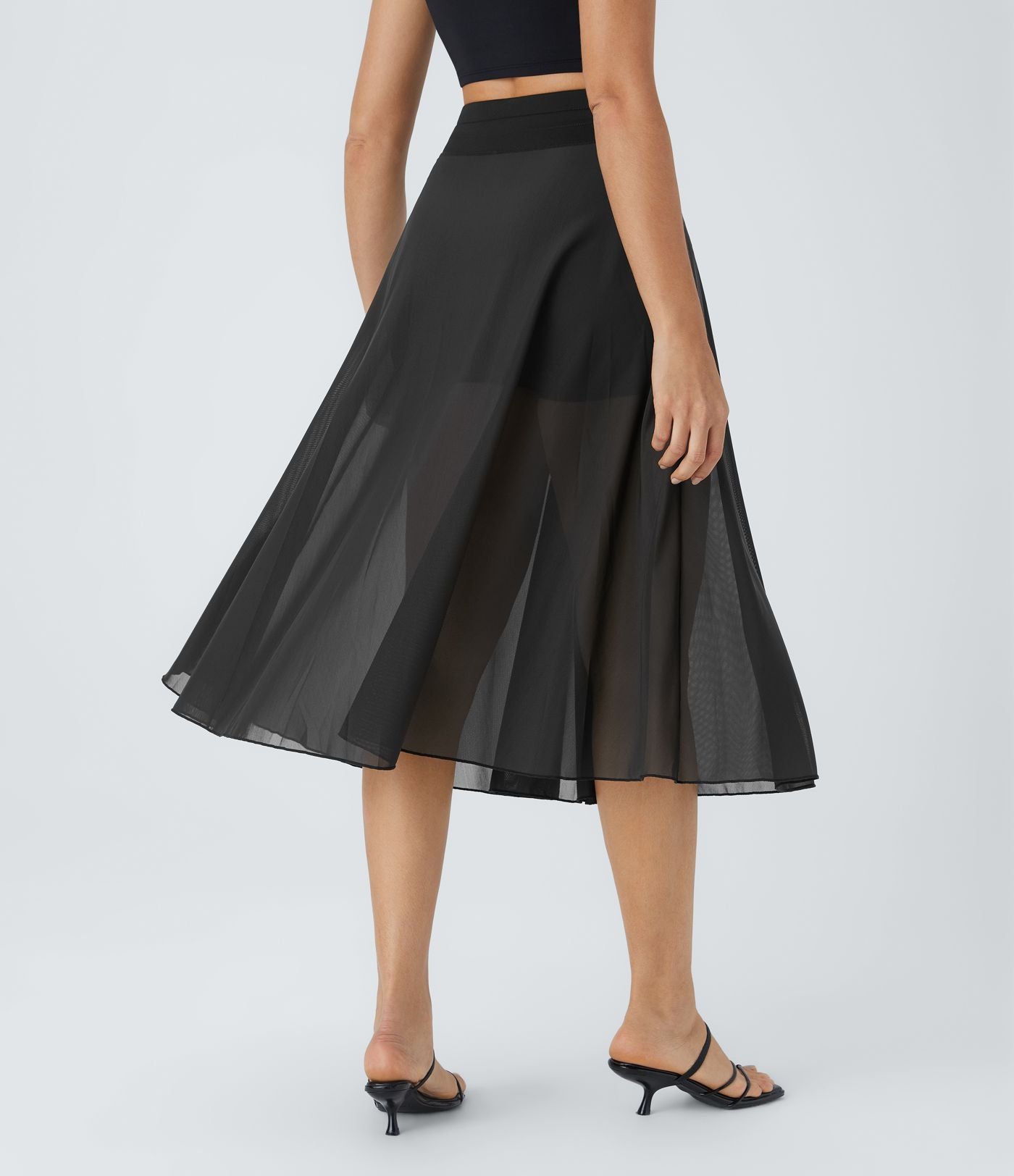 Jupe Casual Évasée Mesh Mi-Longue Fuide 2 en 1 Contrastée Taille Haute Cordon Poche Latérale