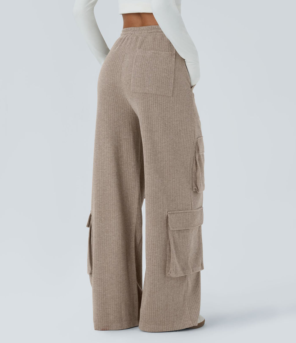 Pantalon cargo décontracté large à cordon côtelé, taille mi-haute, avec poches