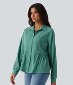 Chemise décontractée peplum à col manches longues avec ourlet à volants effet froissé et poches