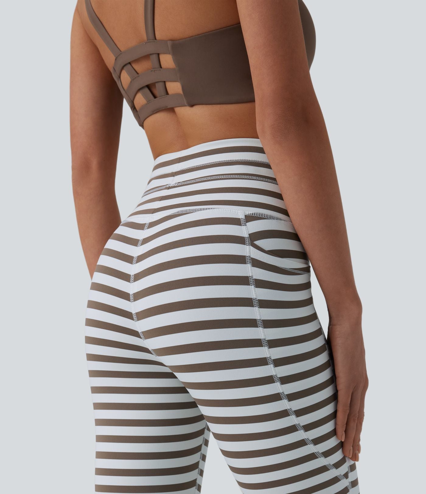 Legging yoga 7/8 taille haute à rayures et cordon de serrage avec poches