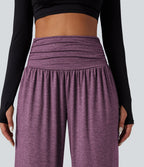 Pantalon de yoga large froncé chiné taille haute avec poches