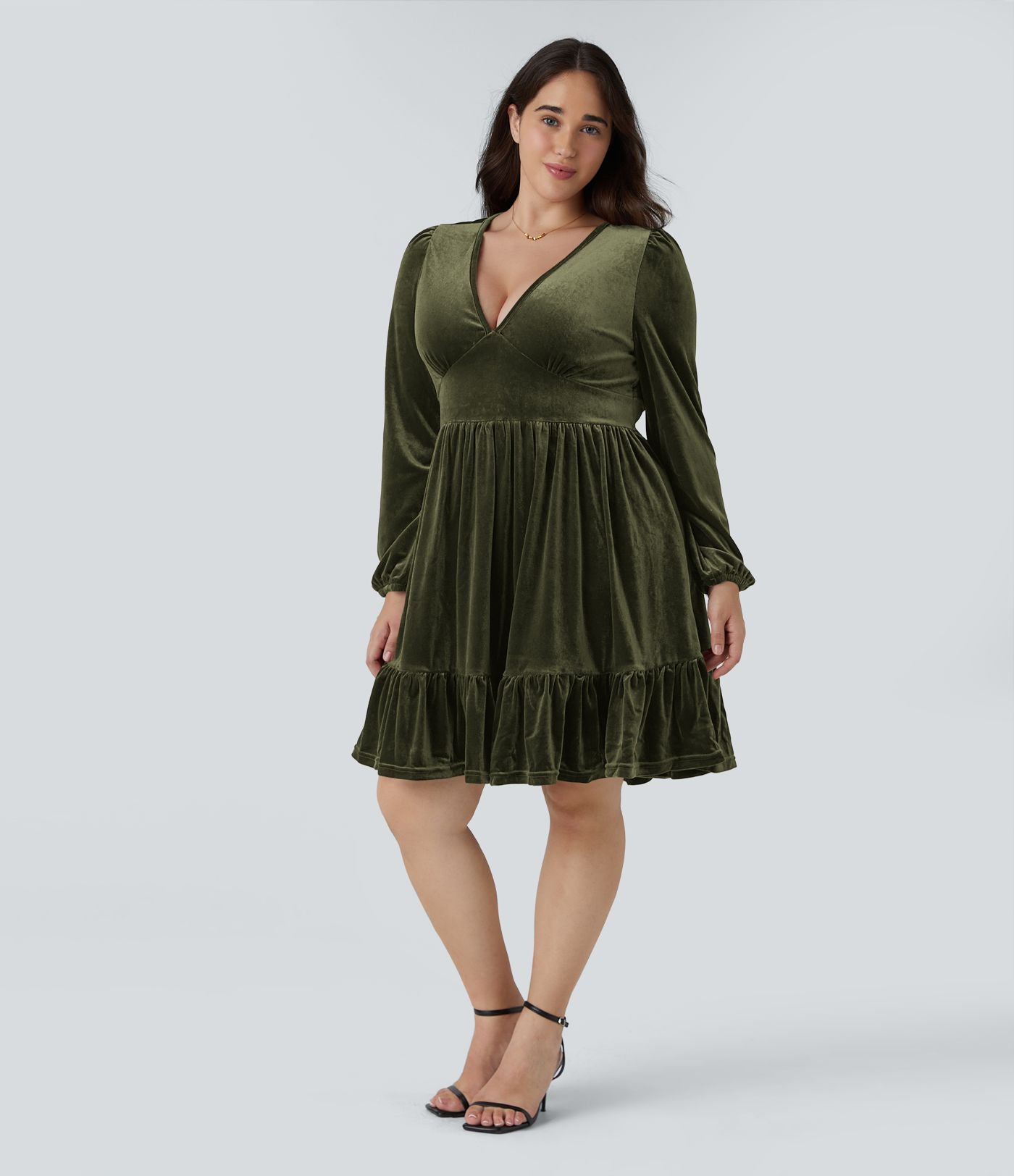 Quotidien de Robe Velours Mini Grande Taille avec Décolleté Profond en V et Ourlet à Volants