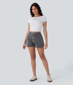 Short décontracté en denim extensible Halara Flex™ taille haute avec bouton, fermeture éclair et ourlet courbé 7,5 cm