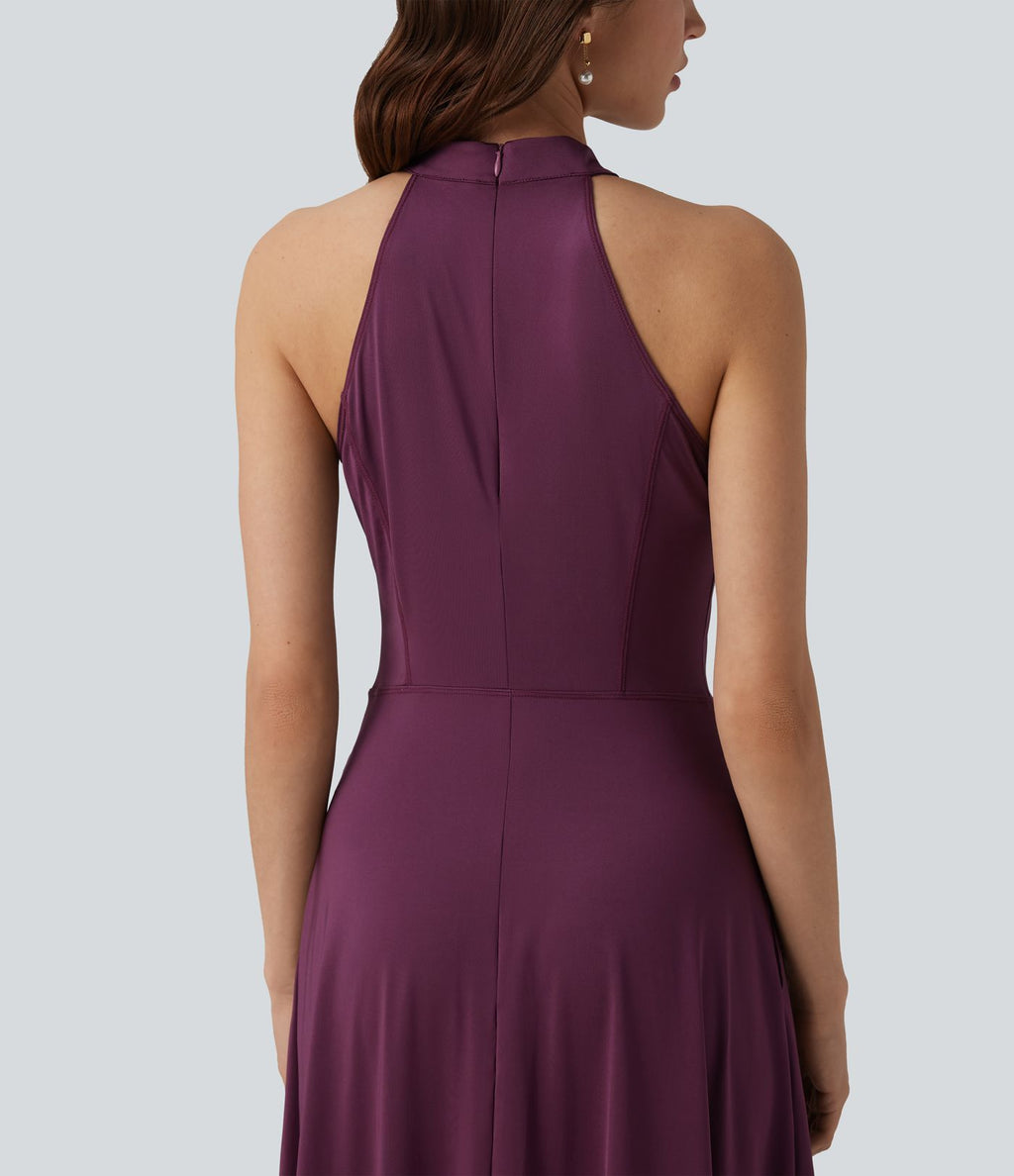 Robe midi fluide à col cheminée, sans manches, zip invisible, en satin extensible à effet frais InstantCool, idéale pour demoiselles d'honneur et invitées de mariage, avec poches