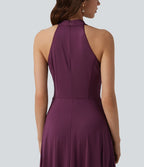 Robe midi fluide à col cheminée, sans manches, zip invisible, en satin extensible à effet frais InstantCool, idéale pour demoiselles d'honneur et invitées de mariage, avec poches