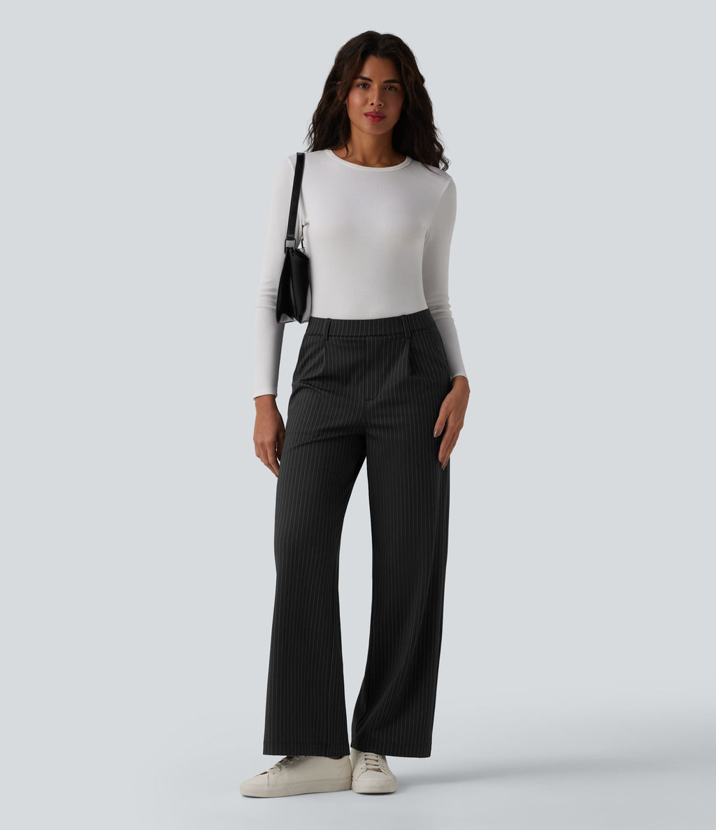 Pantalon tailleur droit taille haute à rayures avec poches