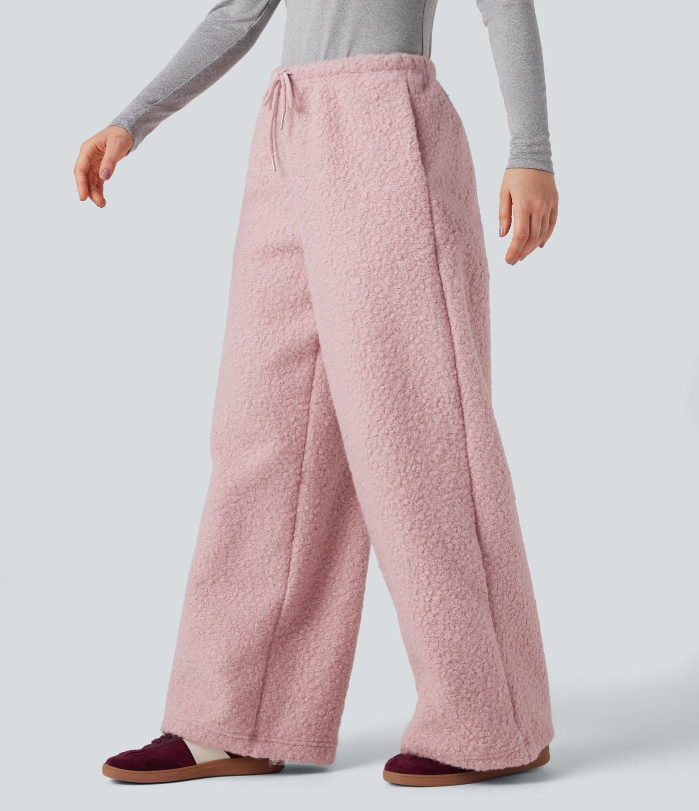 Pantalon large teddy taille mi-haute avec cordon de serrage et poches