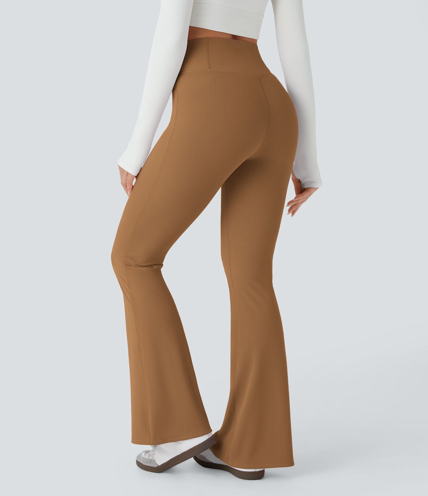 Pantalon décontracté évasé en maille gaufrée, taille haute, avec poches croisées