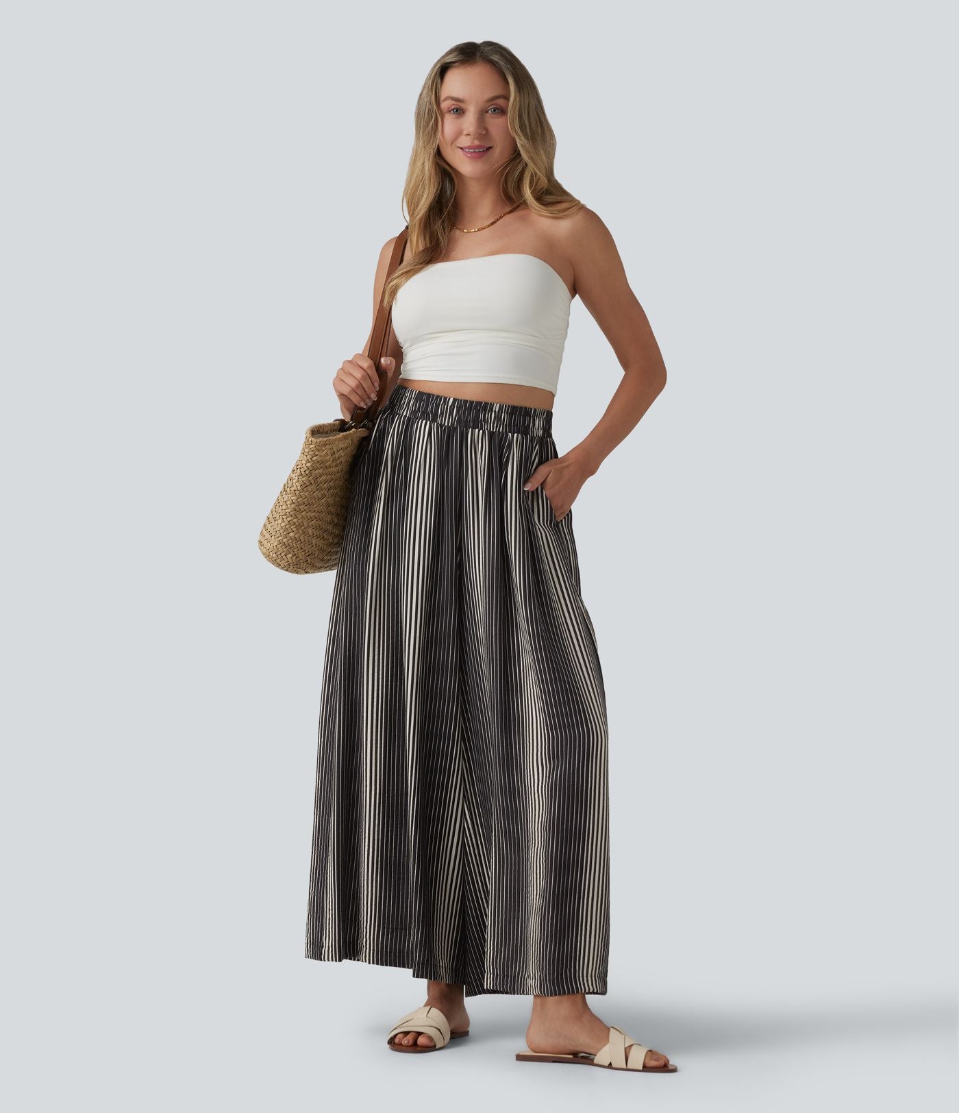 Pantalon large 7/8 taille haute à rayures avec poches