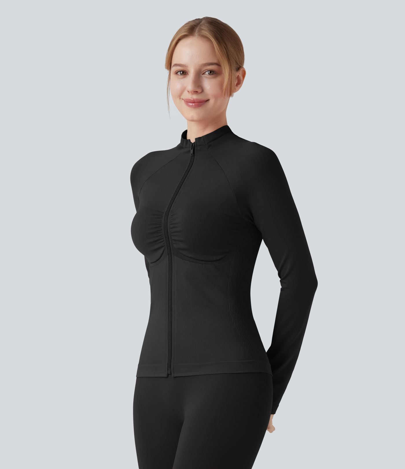 OneForm Seamless Flow Veste yoga zippée froncée à manches longues
