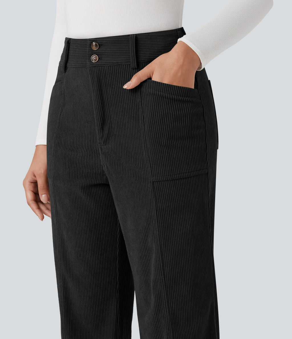 Pantalon décontracté droit taille haute en velours côtelé avec poches