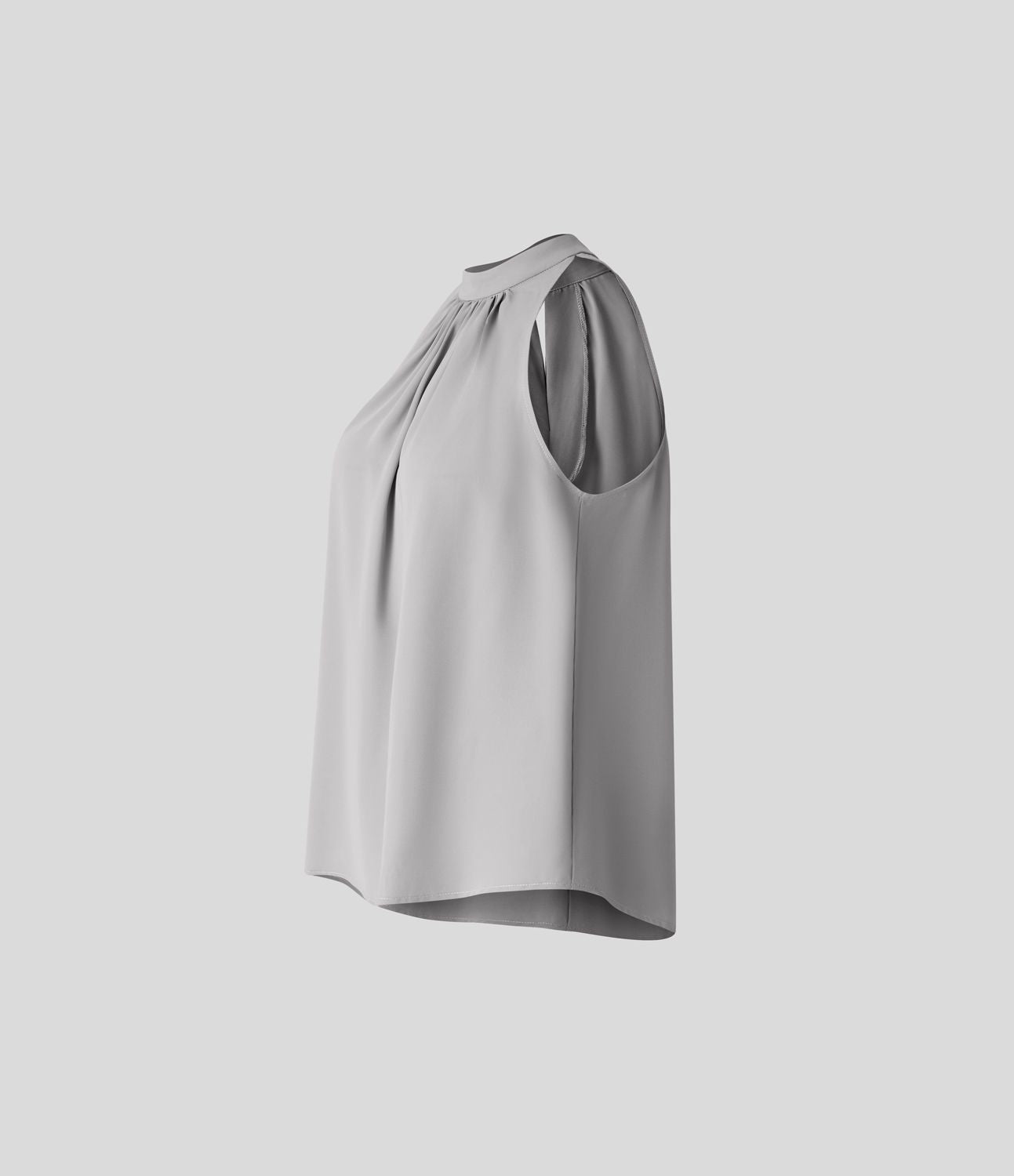 Blouse Travail Sans Manches Ourlet Courbé Col Haut Découpe au Dos Plis