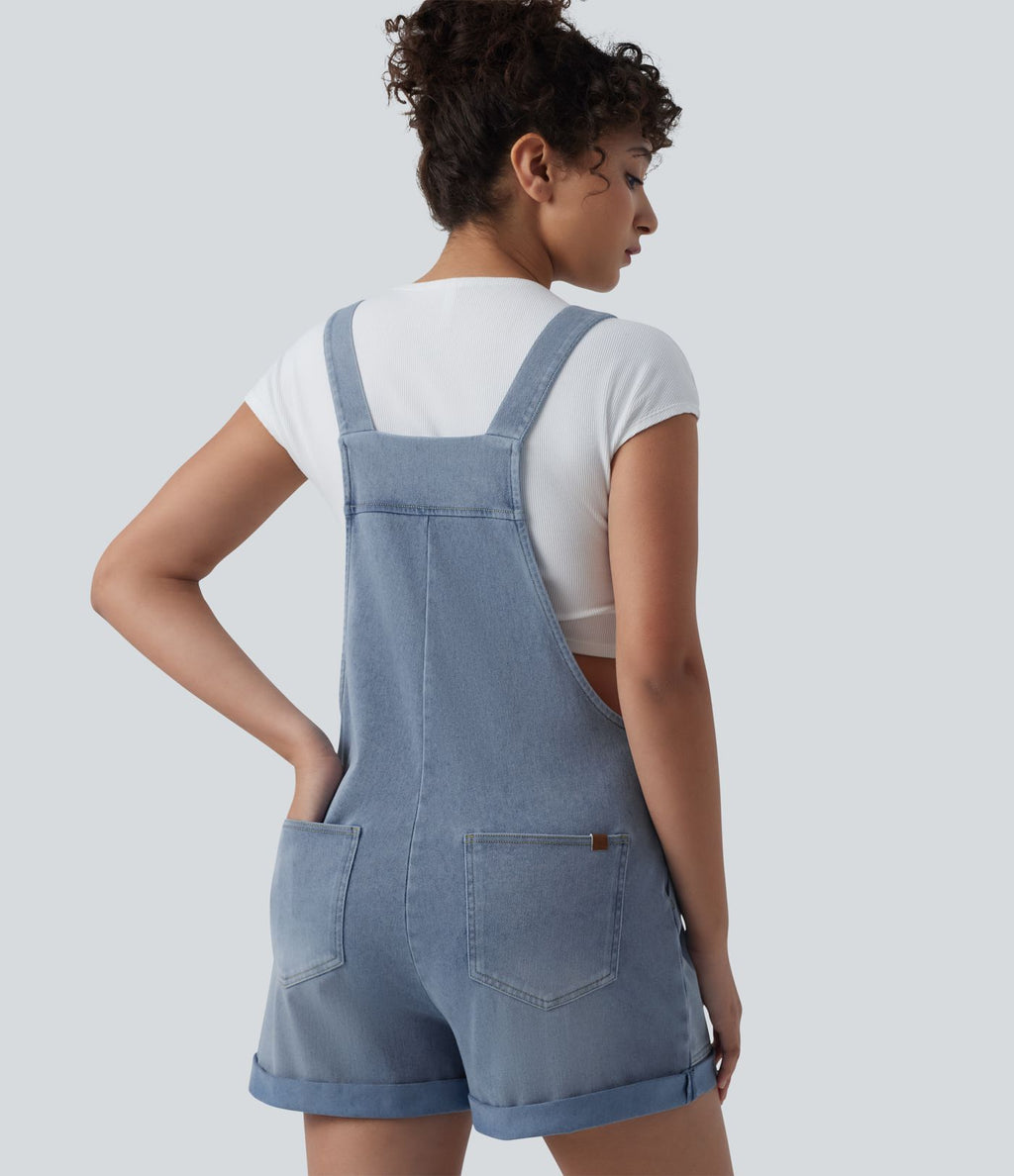 Halara Flex™ Salopette courte en denim encolure carrée ourlet retroussé avec poches