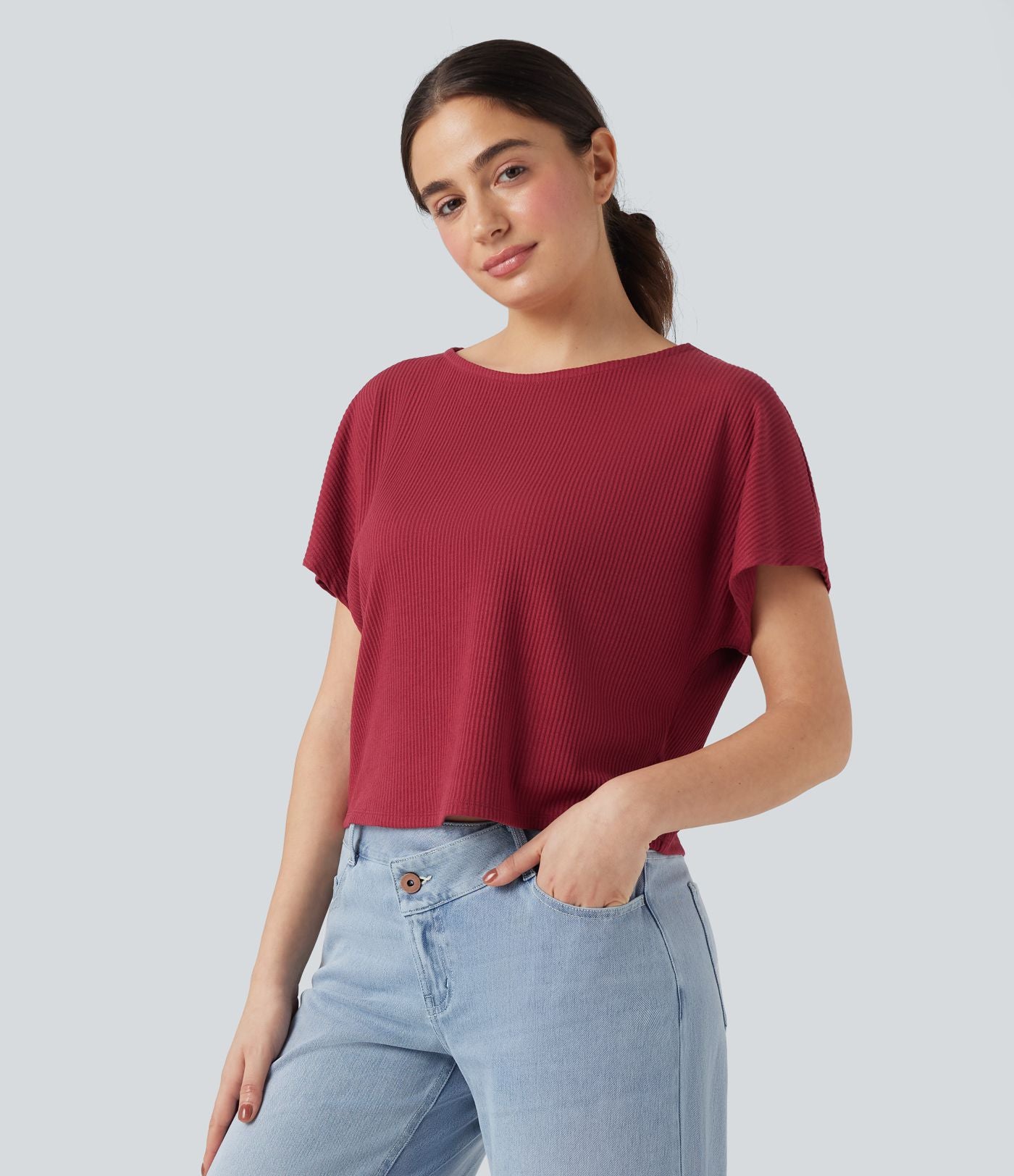 T-shirt décontracté maille côtelée manches chauve-souris coupe décontractée