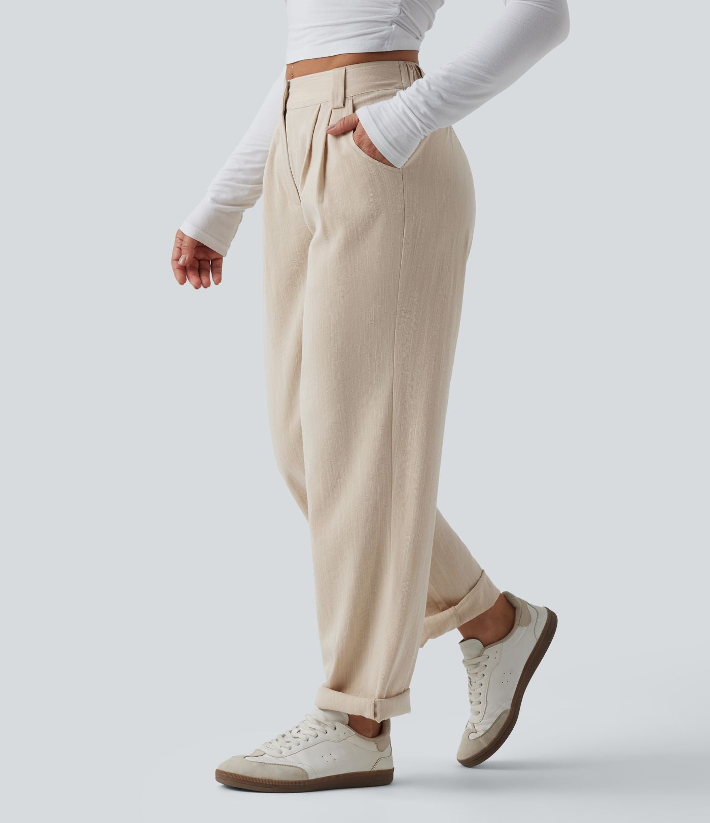 Pantalon décontracté mi-taille effet lin avec poches