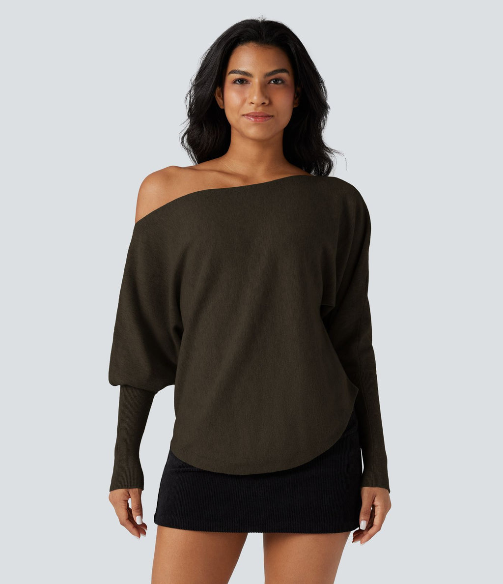 Pull une épaule manches chauve-souris ourlet arrondi