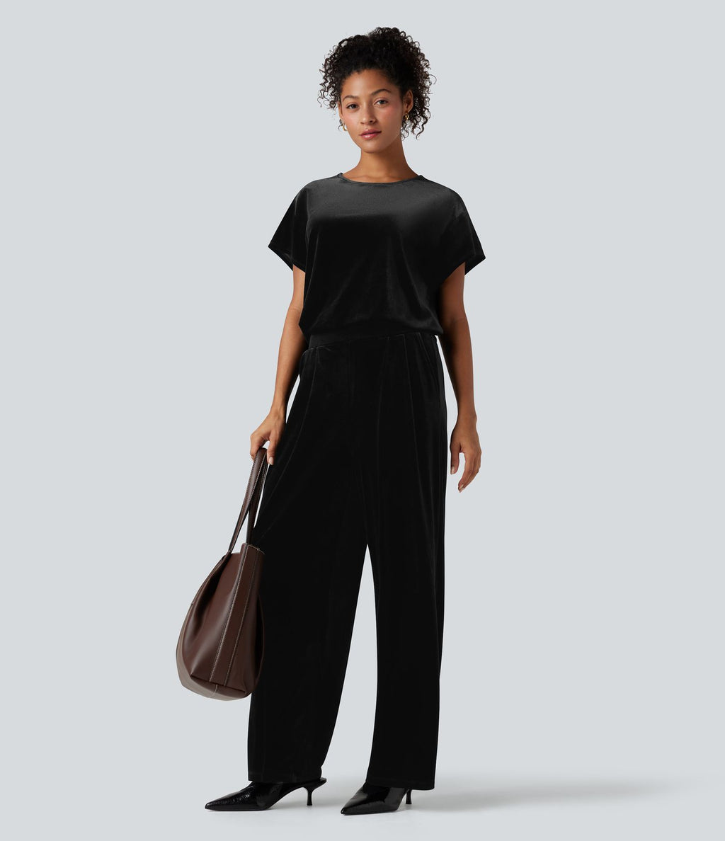 Combinaison tailleur velours col rond manches courtes avec poches