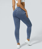 Halara Flex™ Jean Casual Taille Haute avec Cordon de Serrage et Poches Latérales en Tricot Extensible Lavé