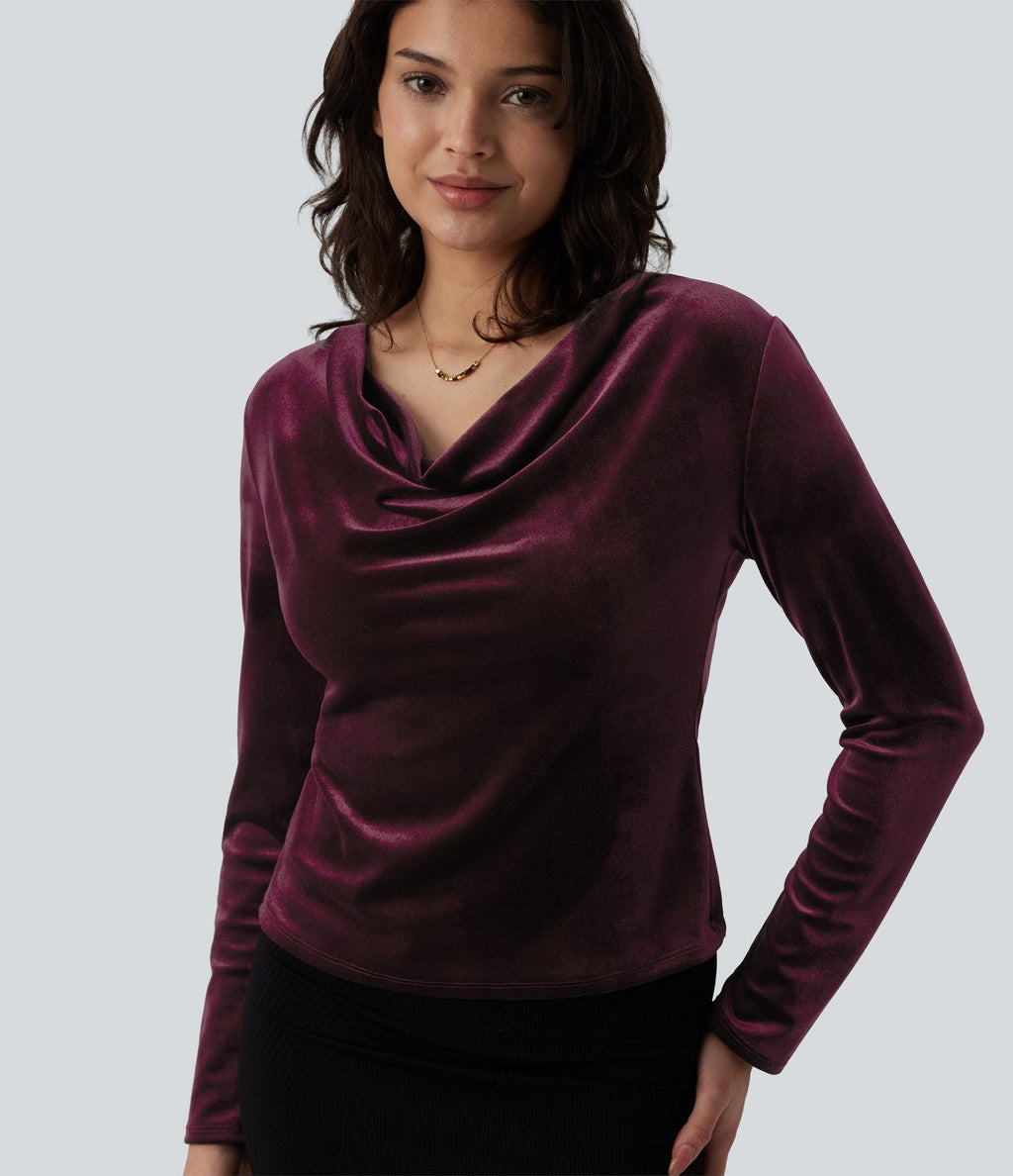 Top velours col drapé manches longues
