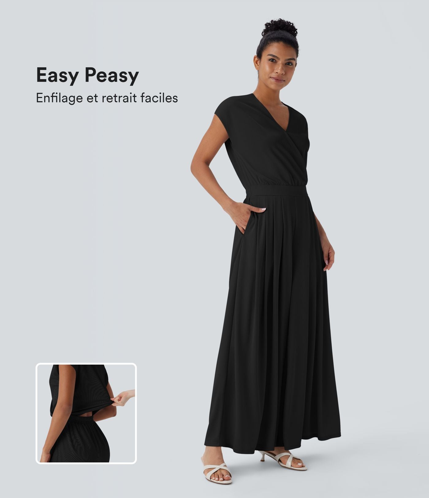 Combinaison fluide en tissu gaufré, col V, manches courtes, jambes larges et poches latérales - Easy Peasy Edition