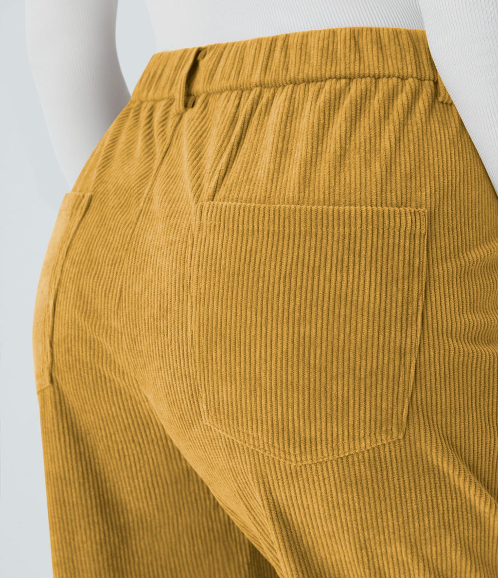 Pantalon décontracté en velours côtelé avec taille mi-haute, boutons et fermeture éclair
