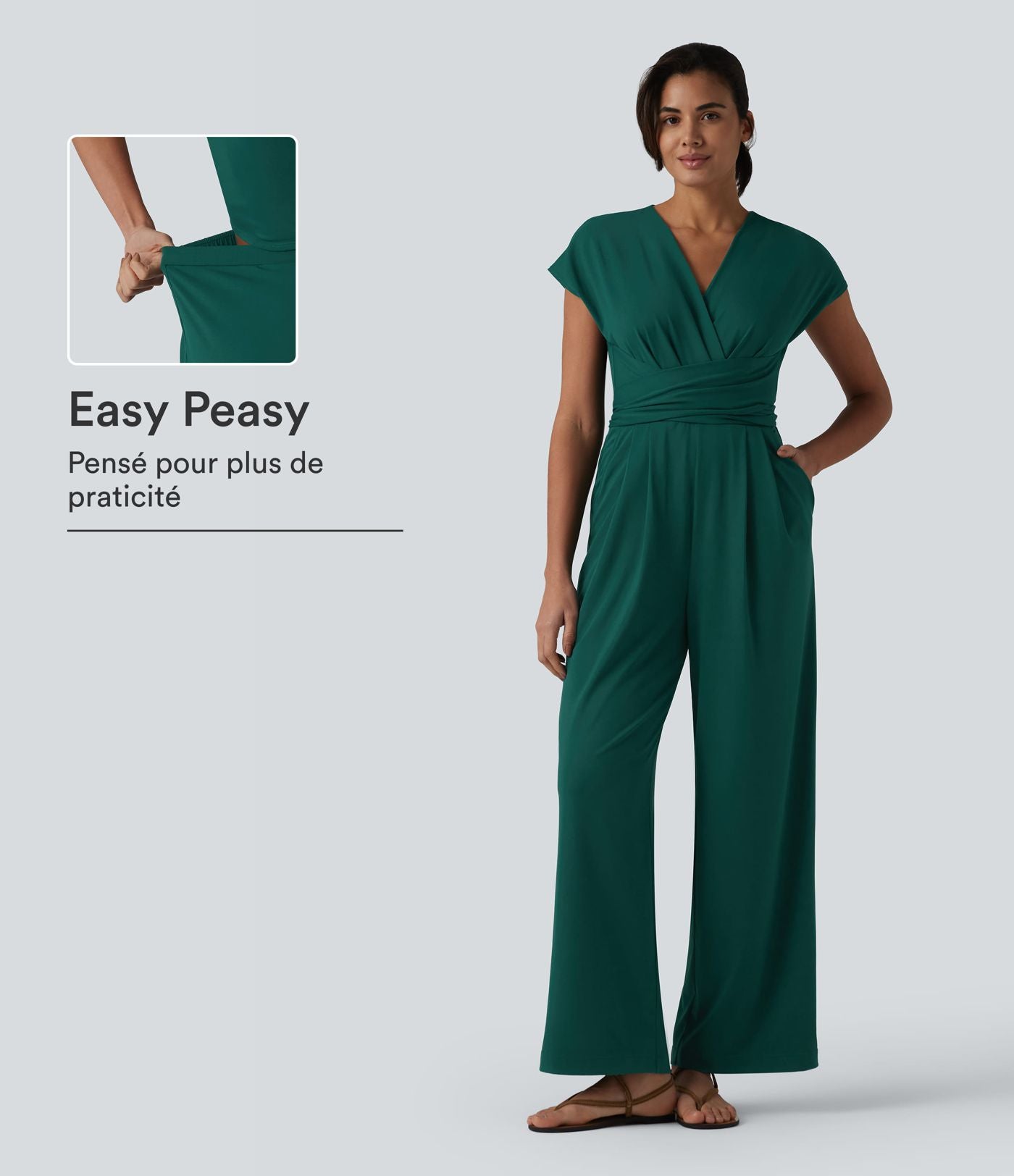 Combinaison tailleur plissée croisée col V à manches courtes avec lien noué et poches — Easy Peasy