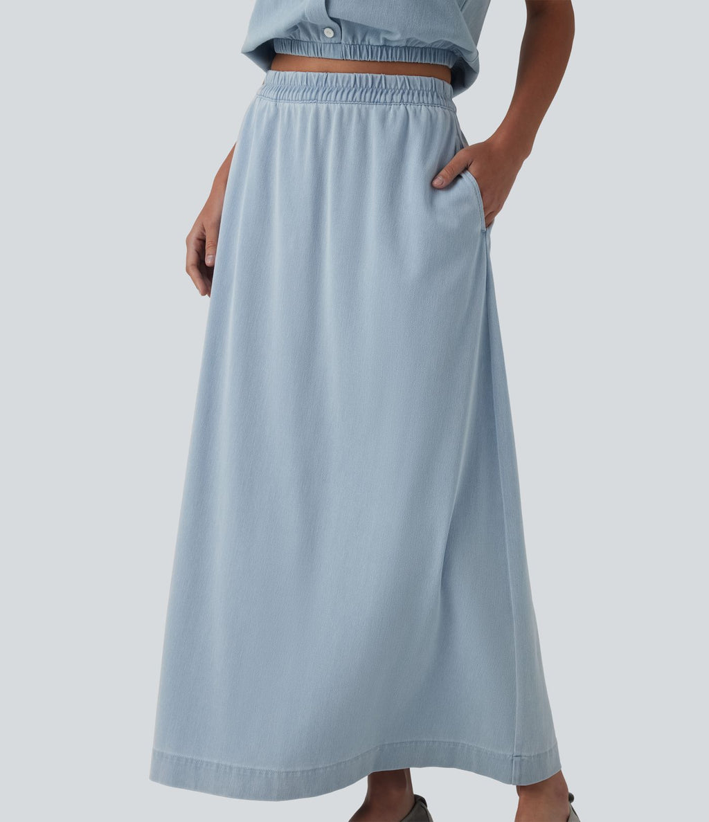 Jupe longue décontractée évasée Halara Flex™ en denim taille haute avec poches